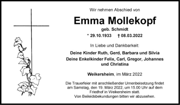 Traueranzeige von Emma Mollekopf von Fränkische Nachrichten