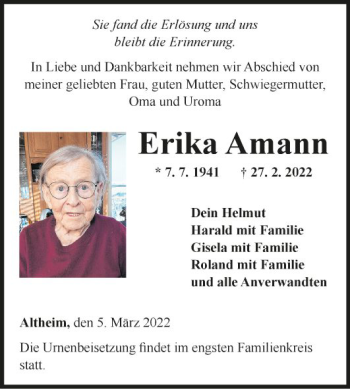 Traueranzeige von Erika Amann von Fränkische Nachrichten