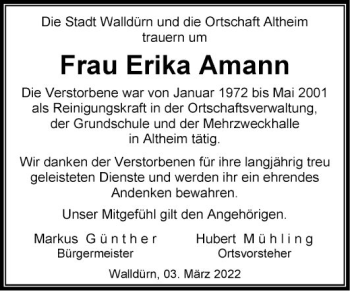 Traueranzeige von Erika Amann von Fränkische Nachrichten