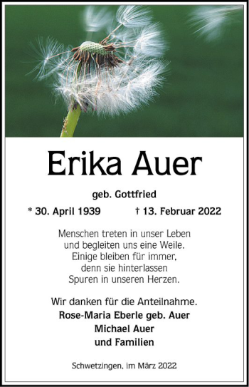 Traueranzeige von Erika Auer von Schwetzinger Zeitung