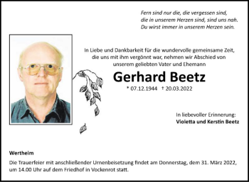 Traueranzeige von Gerhard Beetz von Fränkische Nachrichten