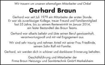 Traueranzeige von Gerhard Braun von Fränkische Nachrichten