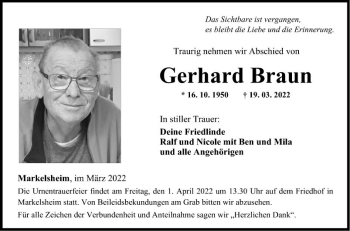 Traueranzeige von Gerhard Braun von Fränkische Nachrichten