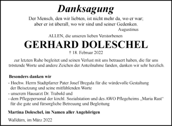 Traueranzeige von Gerhard Doleschel von Fränkische Nachrichten