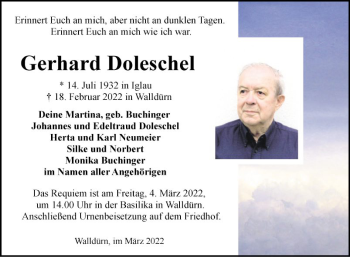 Traueranzeige von Gerhard Doleschel von Fränkische Nachrichten