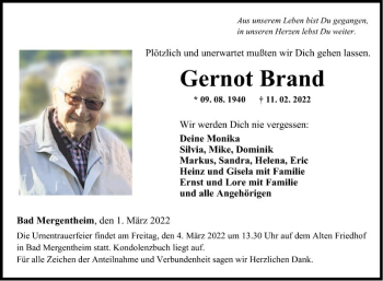 Traueranzeige von Gernot Brand von Fränkische Nachrichten