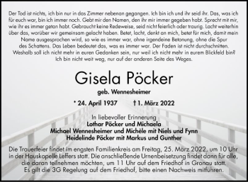 Traueranzeige von Gisela Pöcker von Bergsträßer Anzeiger