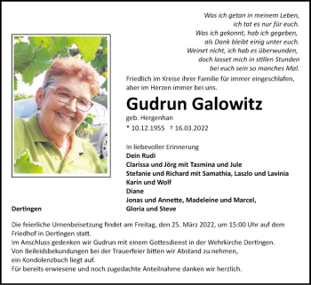 Traueranzeige von Gudrun Galowitz von Fränkische Nachrichten