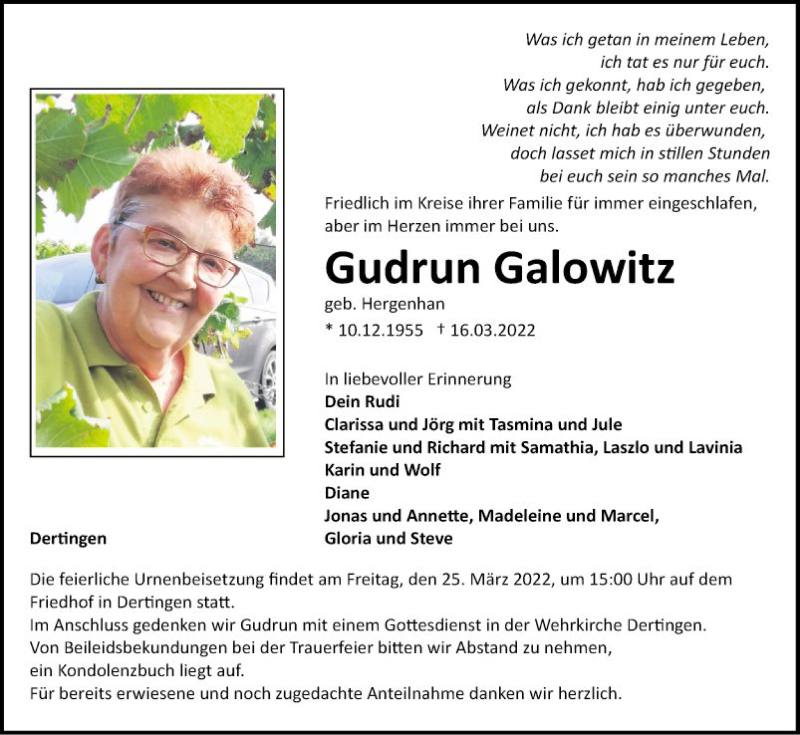  Traueranzeige für Gudrun Galowitz vom 22.03.2022 aus Fränkische Nachrichten