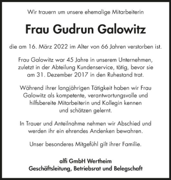 Traueranzeige von Gudrun Galowitz von Fränkische Nachrichten