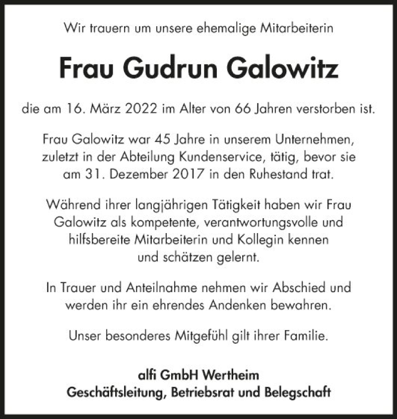  Traueranzeige für Gudrun Galowitz vom 23.03.2022 aus Fränkische Nachrichten