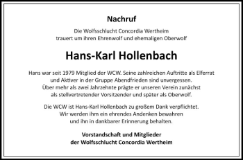 Traueranzeige von Hans-Karl Hollenbach von Fränkische Nachrichten
