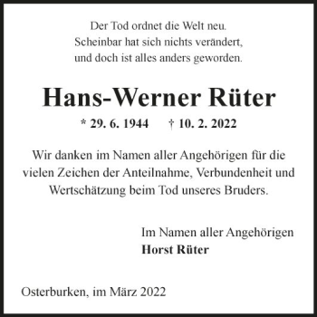 Traueranzeige von Hans-Werner Rüter von Fränkische Nachrichten