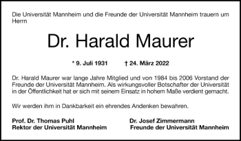 Traueranzeige von Harald Maurer von Mannheimer Morgen