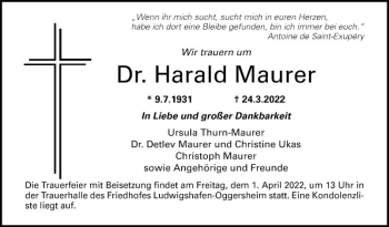 Traueranzeige von Harald Maurer von Mannheimer Morgen