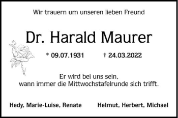 Traueranzeige von Harald Maurer von Mannheimer Morgen