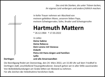 Traueranzeige von Hartmuth Mattern von Fränkische Nachrichten