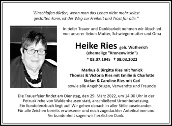 Traueranzeige von Heike Ries von Fränkische Nachrichten