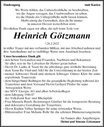 Traueranzeige von Heinrich Götzmann von Schwetzinger Zeitung