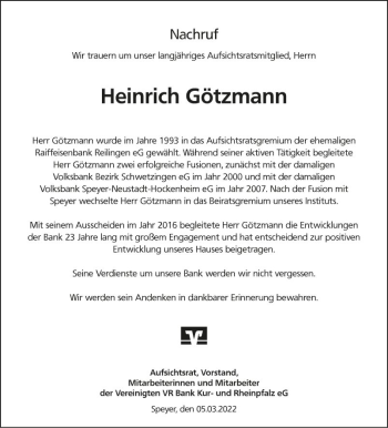 Traueranzeige von Heinrich Götzmann von Schwetzinger Zeitung