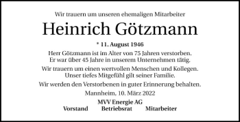 Traueranzeige von Heinrich Götzmann von Mannheimer Morgen