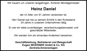 Traueranzeige von Heinz Daniel von Fränkische Nachrichten