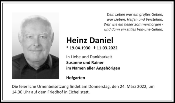 Traueranzeige von Heinz Daniel von Fränkische Nachrichten