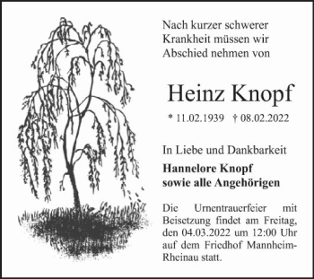 Traueranzeige von Heinz Knopf von Mannheimer Morgen