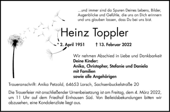 Traueranzeige von Heinz Toppler von Bergsträßer Anzeiger