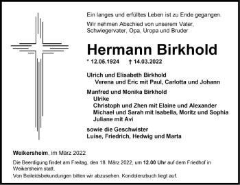 Traueranzeige von Hermann Birkhold von Fränkische Nachrichten