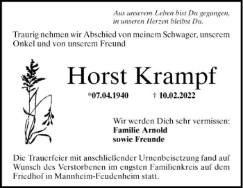 Traueranzeige von Horst Krampf von Mannheimer Morgen