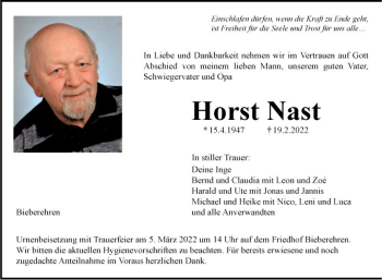 Traueranzeige von Horst Nast von Fränkische Nachrichten