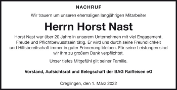 Traueranzeige von Horst Nast von Fränkische Nachrichten