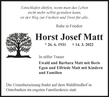 Traueranzeige von Horst Josef Matt von Fränkische Nachrichten