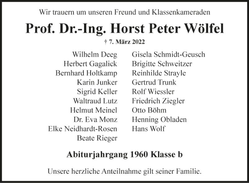  Traueranzeige für Horst Peter Wölfel vom 18.03.2022 aus Fränkische Nachrichten