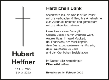 Traueranzeige von Hubert Heffner von Fränkische Nachrichten