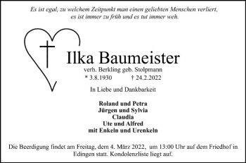 Traueranzeige von Ilka Baumeister von Mannheimer Morgen