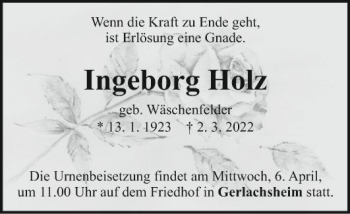 Traueranzeige von Ingeborg Holz von Fränkische Nachrichten