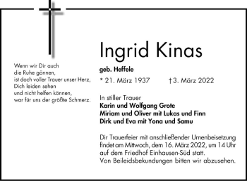 Traueranzeige von Ingrid Kinos von Bergsträßer Anzeiger