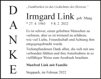 Traueranzeige von Irmgard Link von Fränkische Nachrichten