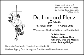 Traueranzeige von Irmgard Plenz von Bergsträßer Anzeiger