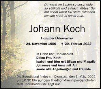 Traueranzeige von Johann Koch von Mannheimer Morgen