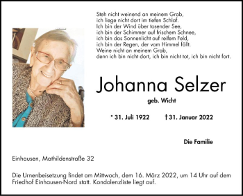 Traueranzeige von Johanna Selzer von Bergsträßer Anzeiger