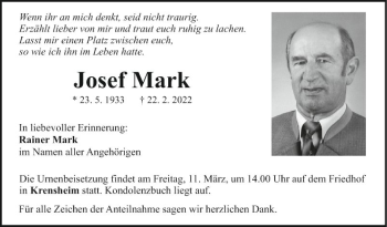 Traueranzeige von Josef Mark von Fränkische Nachrichten