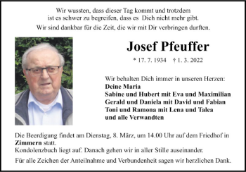 Traueranzeige von Josef Pfeuffer von Fränkische Nachrichten