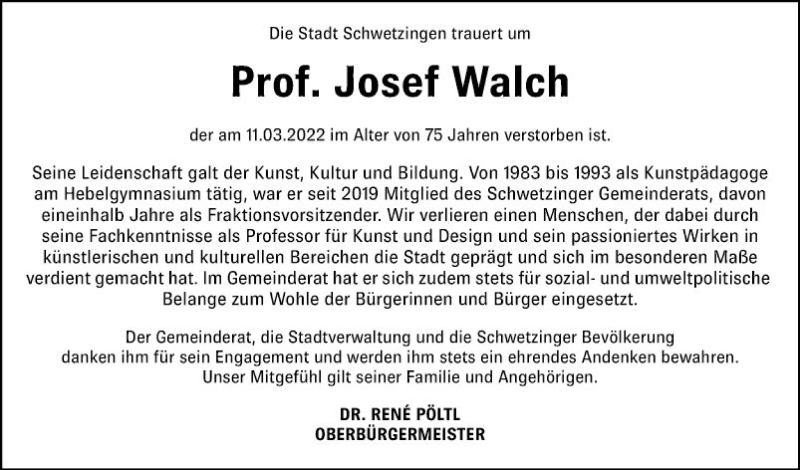  Traueranzeige für Josef Walch vom 26.03.2022 aus Schwetzinger Zeitung