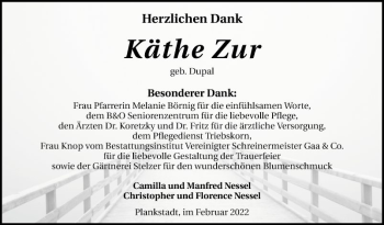 Traueranzeige von Käthe Zur von Schwetzinger Zeitung