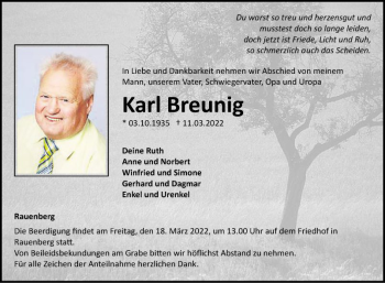 Traueranzeige von Karl Breunig von Fränkische Nachrichten