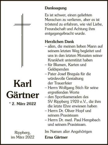 Traueranzeige von Karl Gärtner von Fränkische Nachrichten