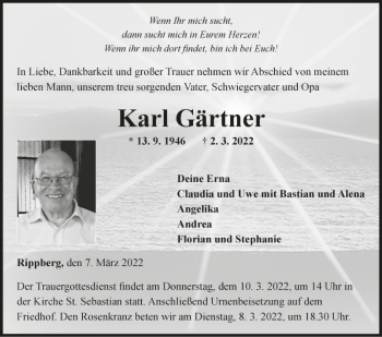 Traueranzeige von Karl Gärtner von Fränkische Nachrichten